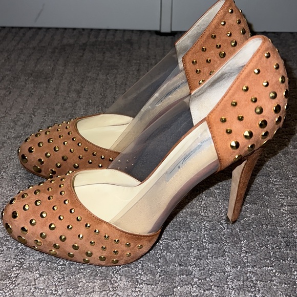 Brian Atwood nude suede studded platform heels sz 38.5 - Picture 8 of 9